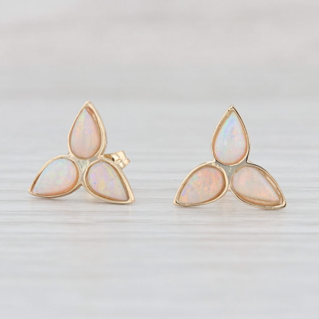 Light Gray 3-Stone Opal Cabochon Stud Earrings 14k Yellow Gold