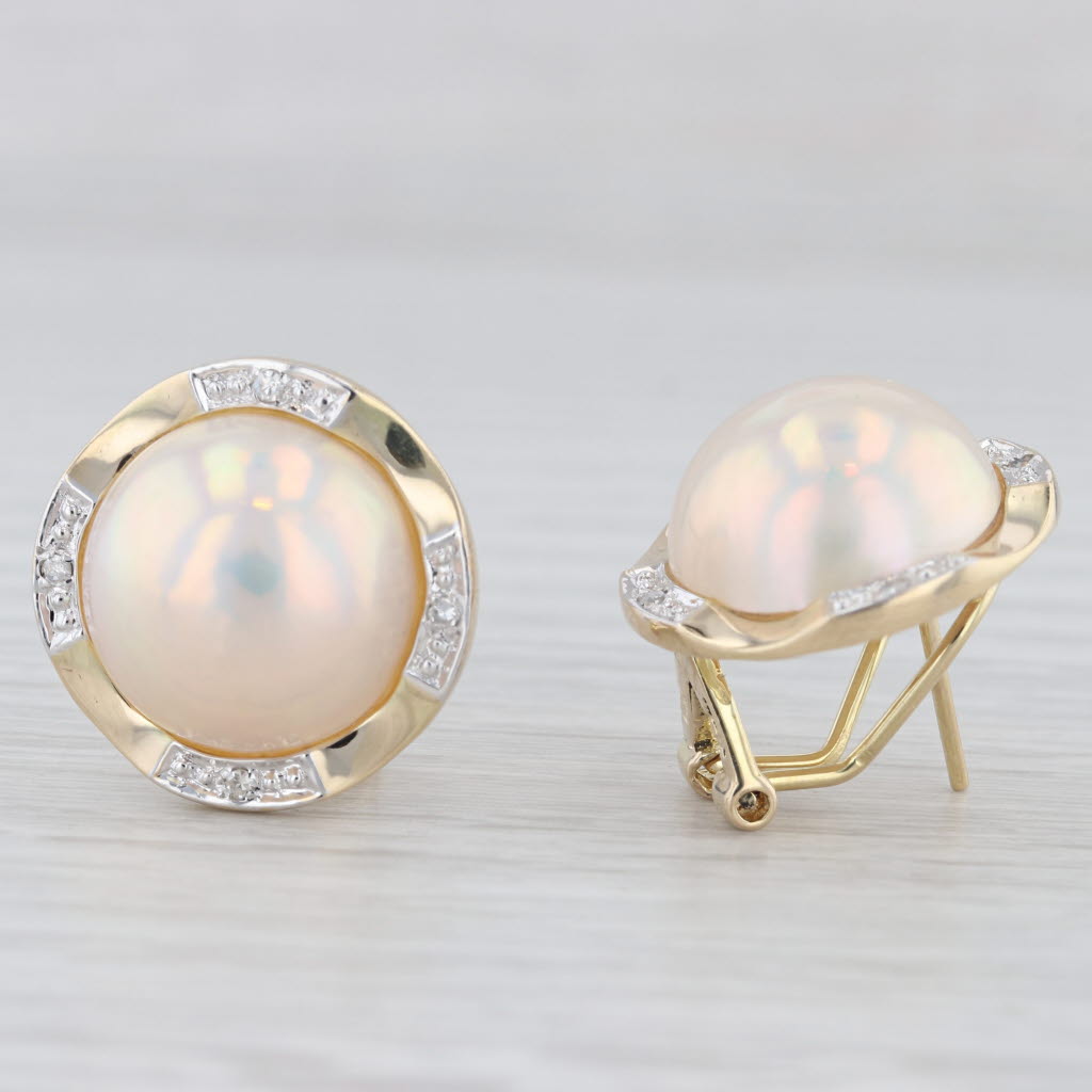 Light Gray Mabe Pearl Diamond Button Stud Earrings 14k Yellow Gold Omega Backs