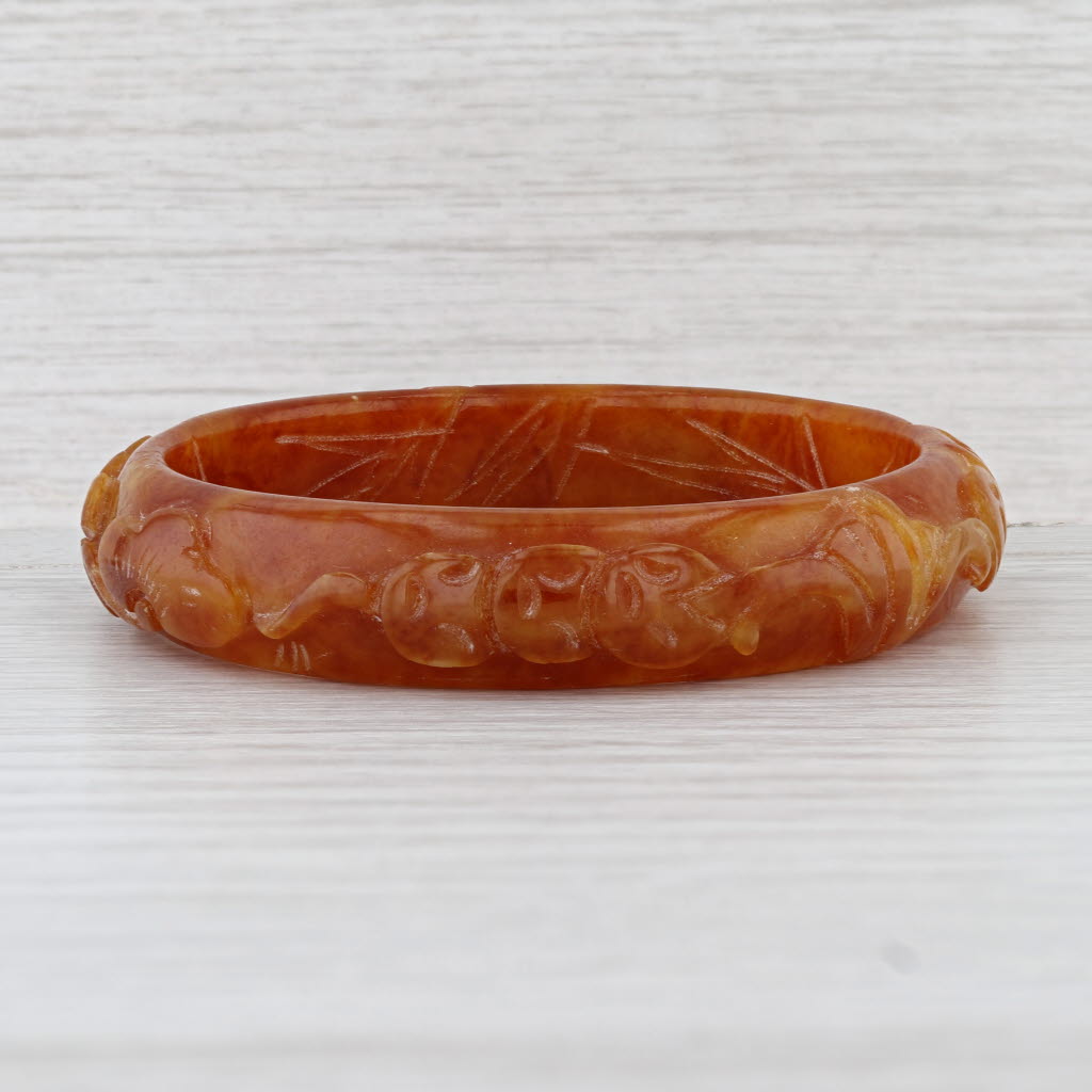 Brown Carved Fish Jadeite Jade Bangle Bracelet 7” 13mm Stackable Statement