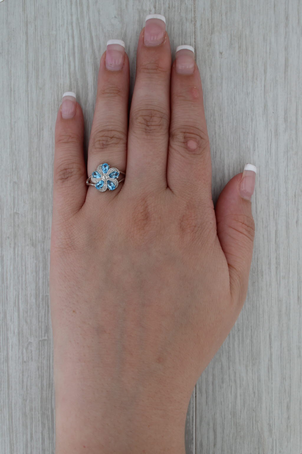 New 1.23ctw Blue Topaz Diamond Pinwheel Flower Ring Sterling Silver Size 6.25