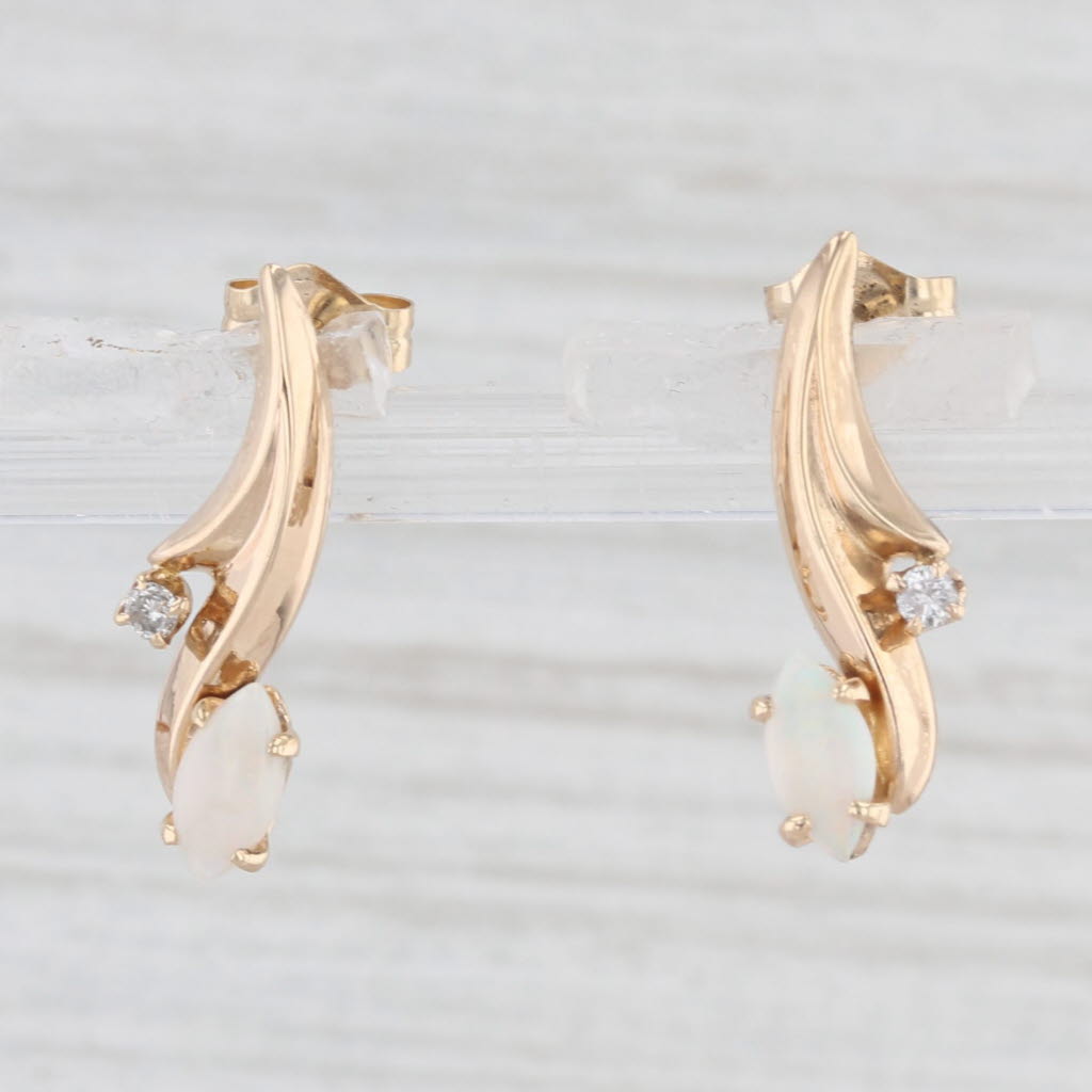 Light Gray Marquise Opal Diamond Drop Earrings 14k Yellow Gold