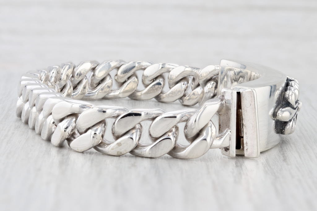 Light Gray Vintage Ornate Floral Bar Bracelet Sterling Silver 8.5" Snap Clasp