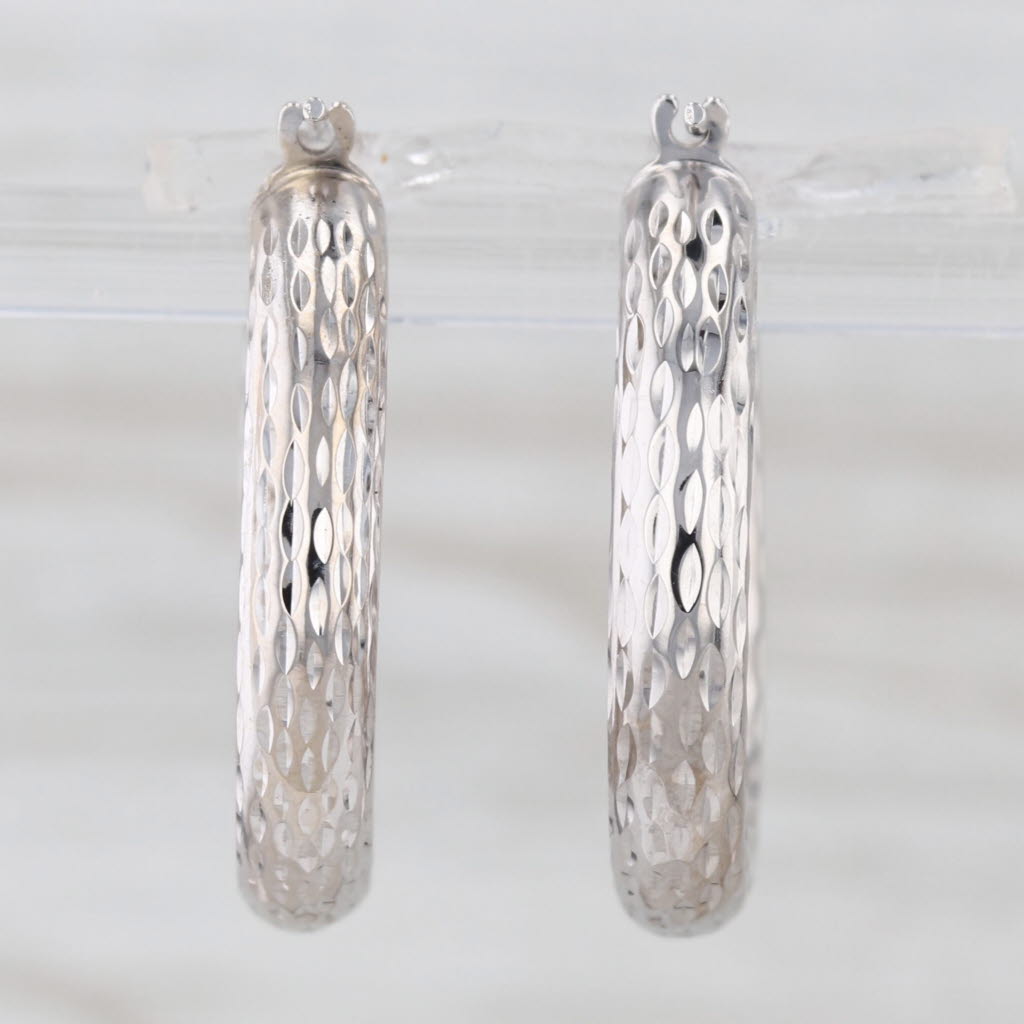 Textured 14k White Gold Hoop Earrings Snap Top Round Hoops