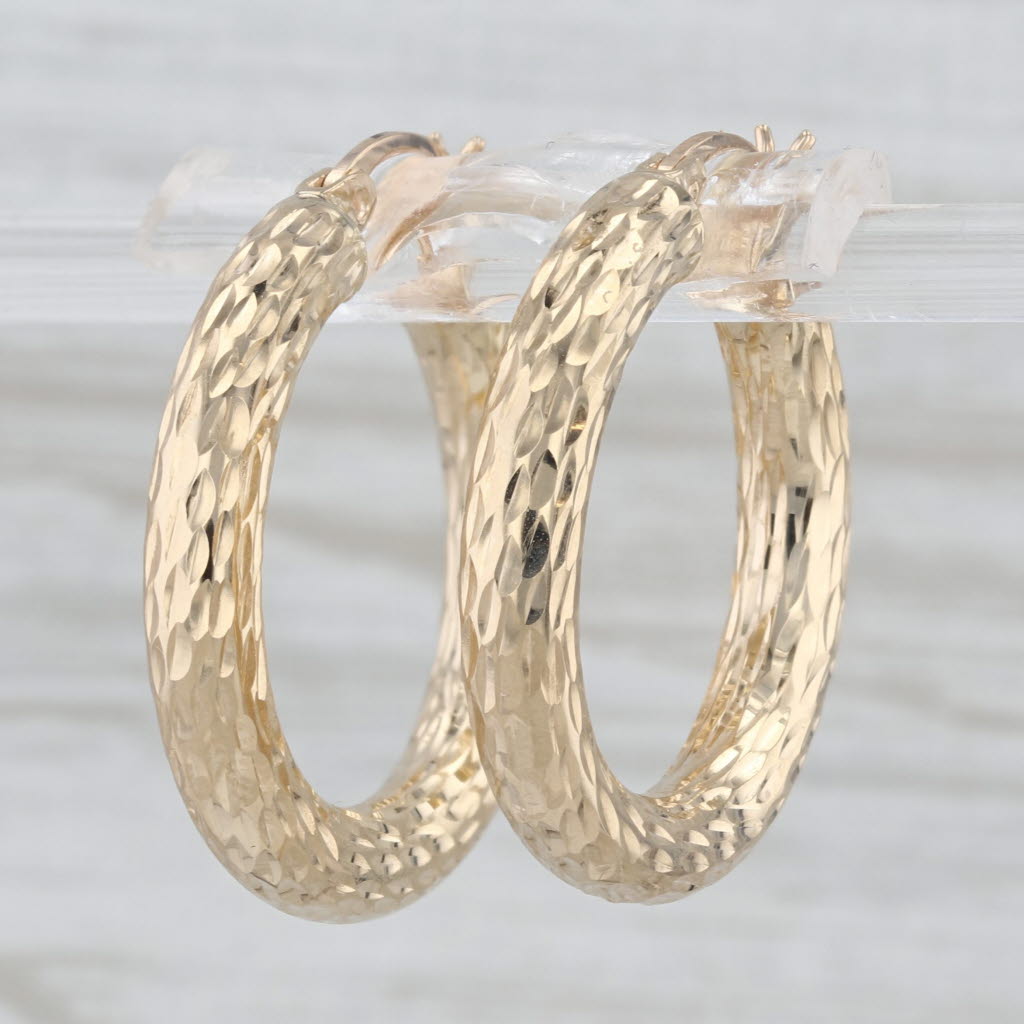 Textured Pattern Hoop Earrings 14k Yellow Gold Snap Top Round Hoops