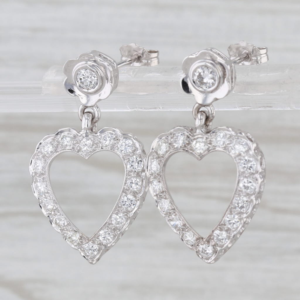 1.10ctw Diamond Open Hearts Flower Dangle Earrings 14k White Gold