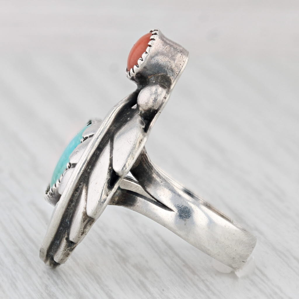 Light Gray Vintage Native American Turquoise Coral Leaf Statement Ring Sterling Silver
