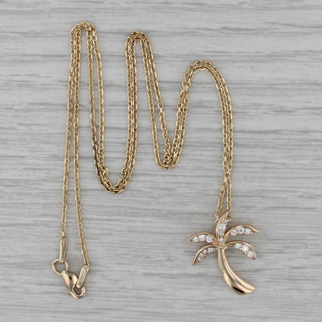 0.20ctw Diamond PalmTree Pendant Necklace 14k Yellow Gold 20" Cable Chain