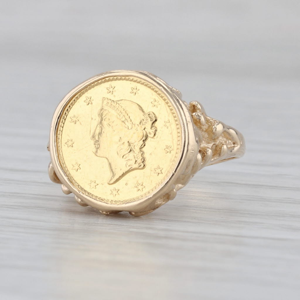 1854 1 Dollar Liberty Head Gold Coin Ring 14k 900 Yellow Gold Size 5
