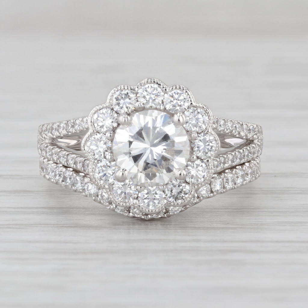 2.08ctw GIA Diamond Flower Halo Engagement Ring Wedding Band Bridal Set 14k Gold