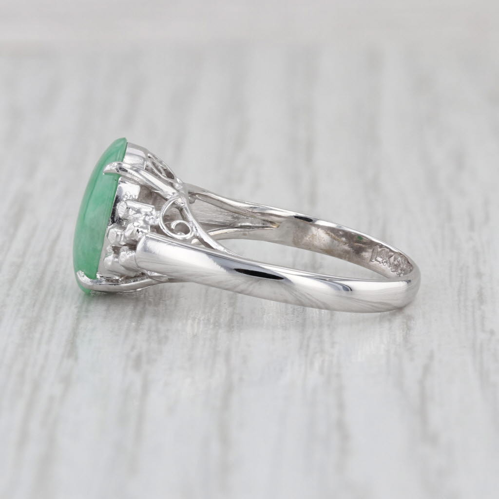 Green Jadite Jadeite Jade Ring 14k White Gold Oval Cabochon Solitaire Size 7.5