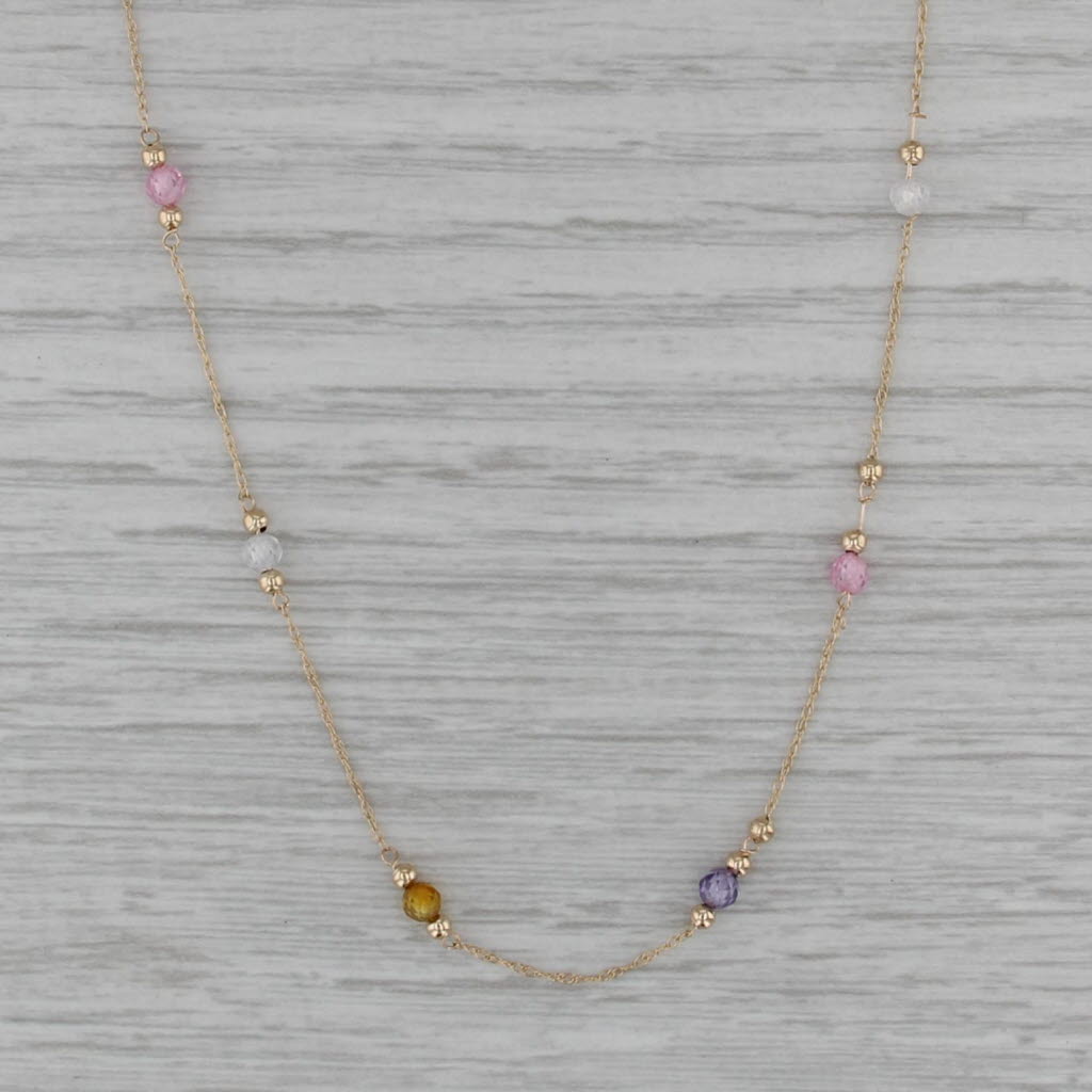Mulitcolor Glass Bead Station Necklace 14k Yellow Gold 17" Rope Chain