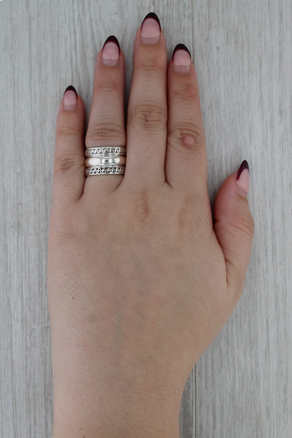 Wide Band Patterned Statement Ring Sterling Silver Size 6.75 12.7mm