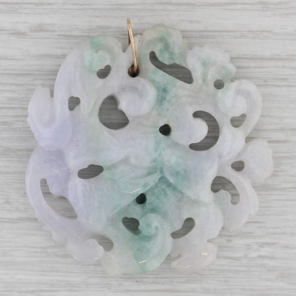 Gray Figural Carved Green Jadeite Jade Pendant 14k Gold Medallion Asian Jewelry