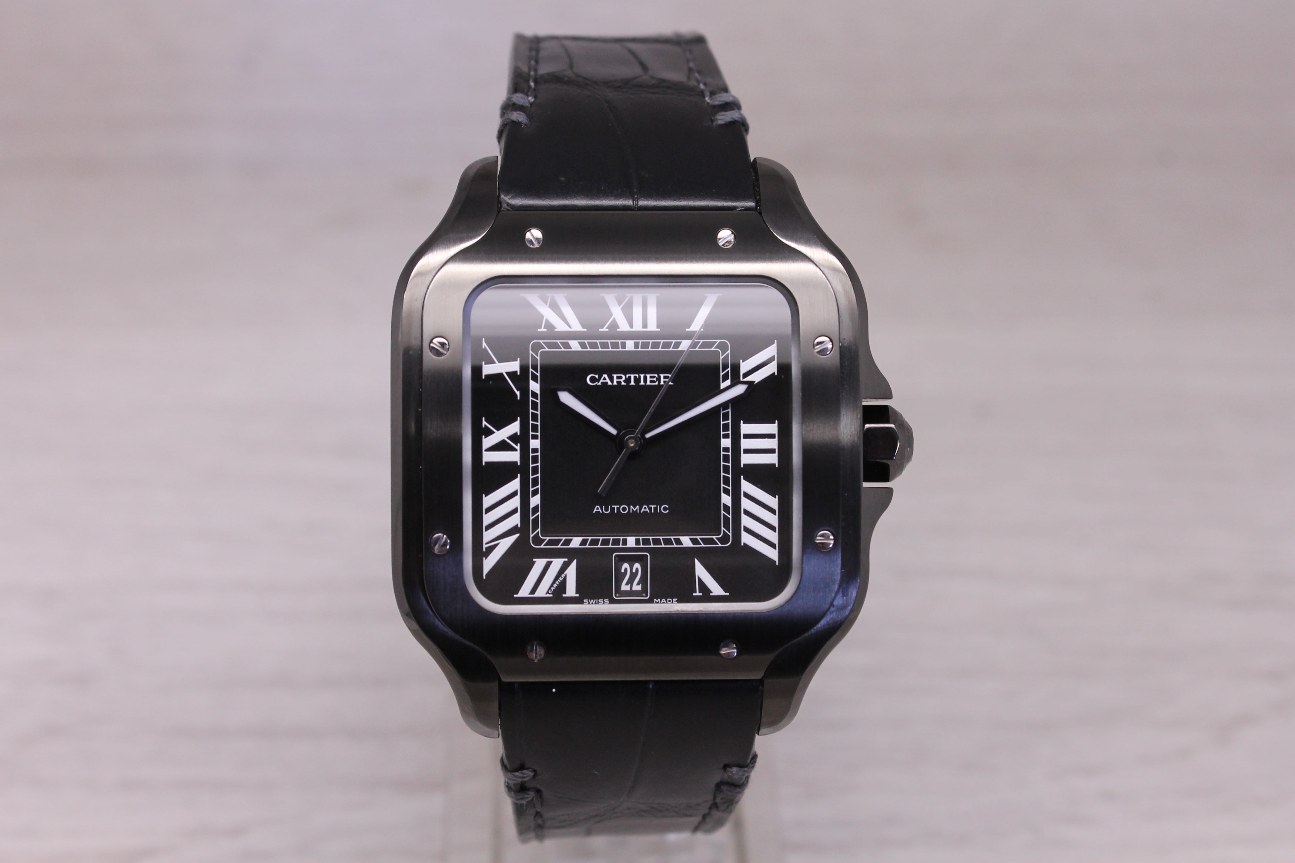 Cartier Santos Black ADLC WSSA039 Mens Automatic Watch w Box Card Extra Strap
