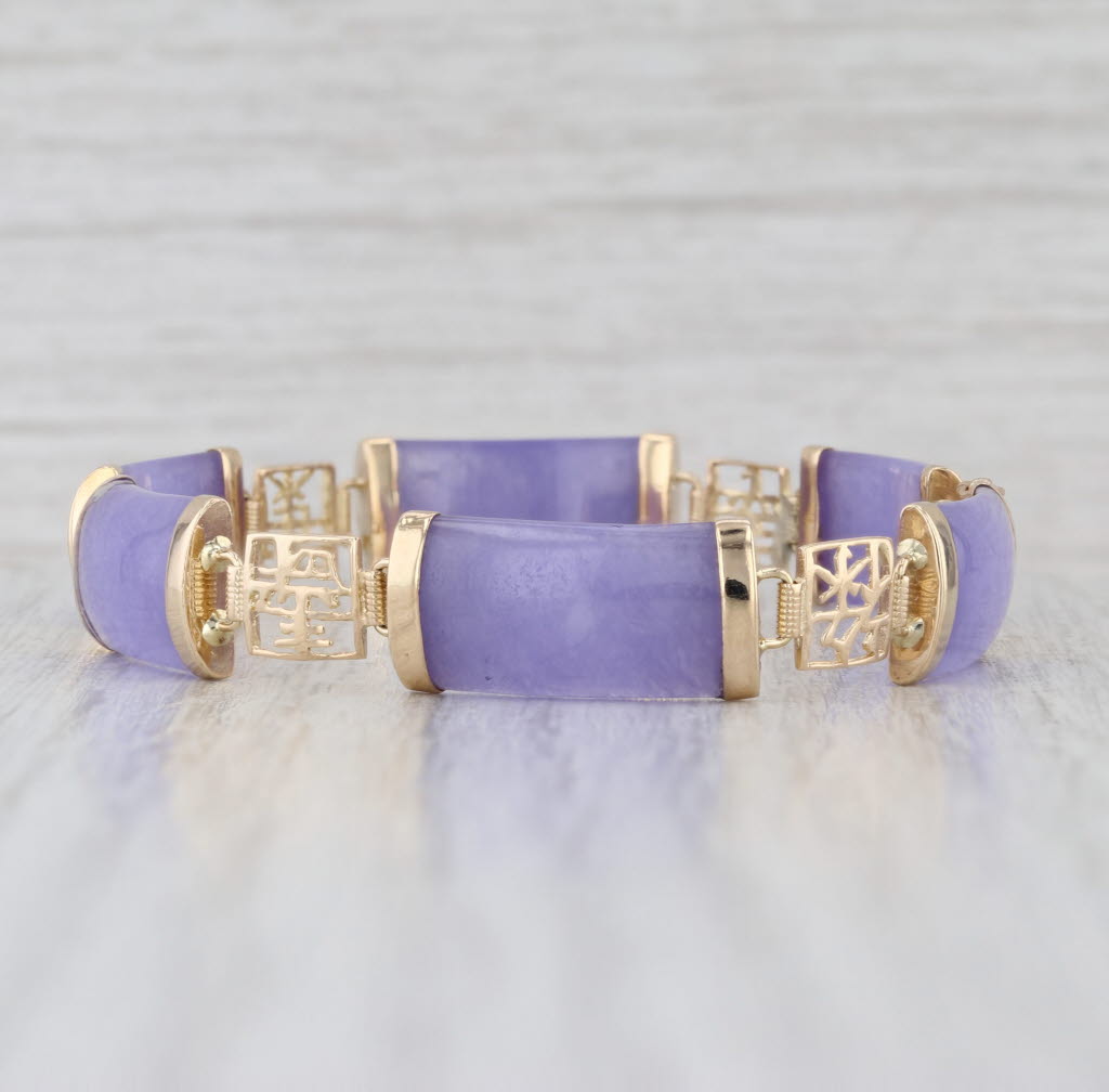 Lavender Jadeite Jade Link Bracelet 14k Yellow Gold 6.75" Chinese Calligraphy