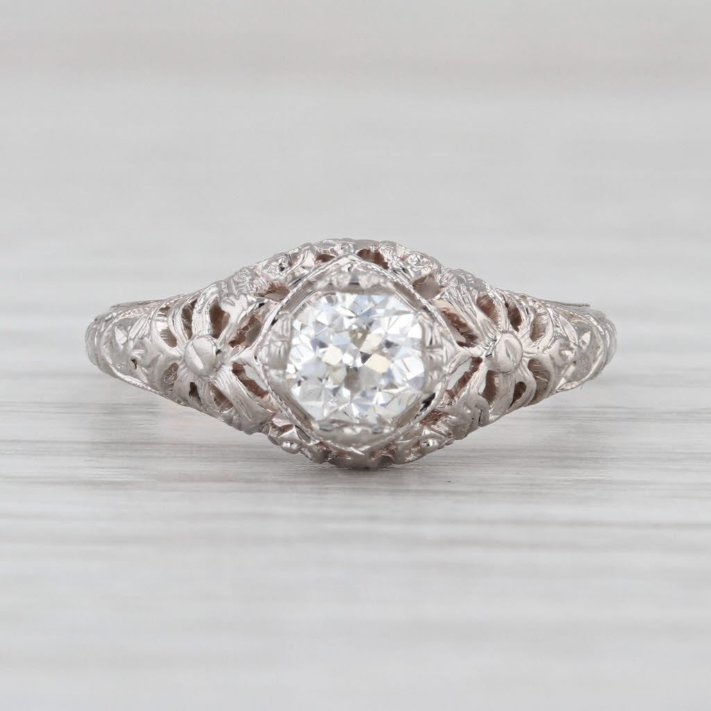 0.47ct Diamond Solitaire Art Deco Engagement Ring 18k White Gold Size 5.75 GIA