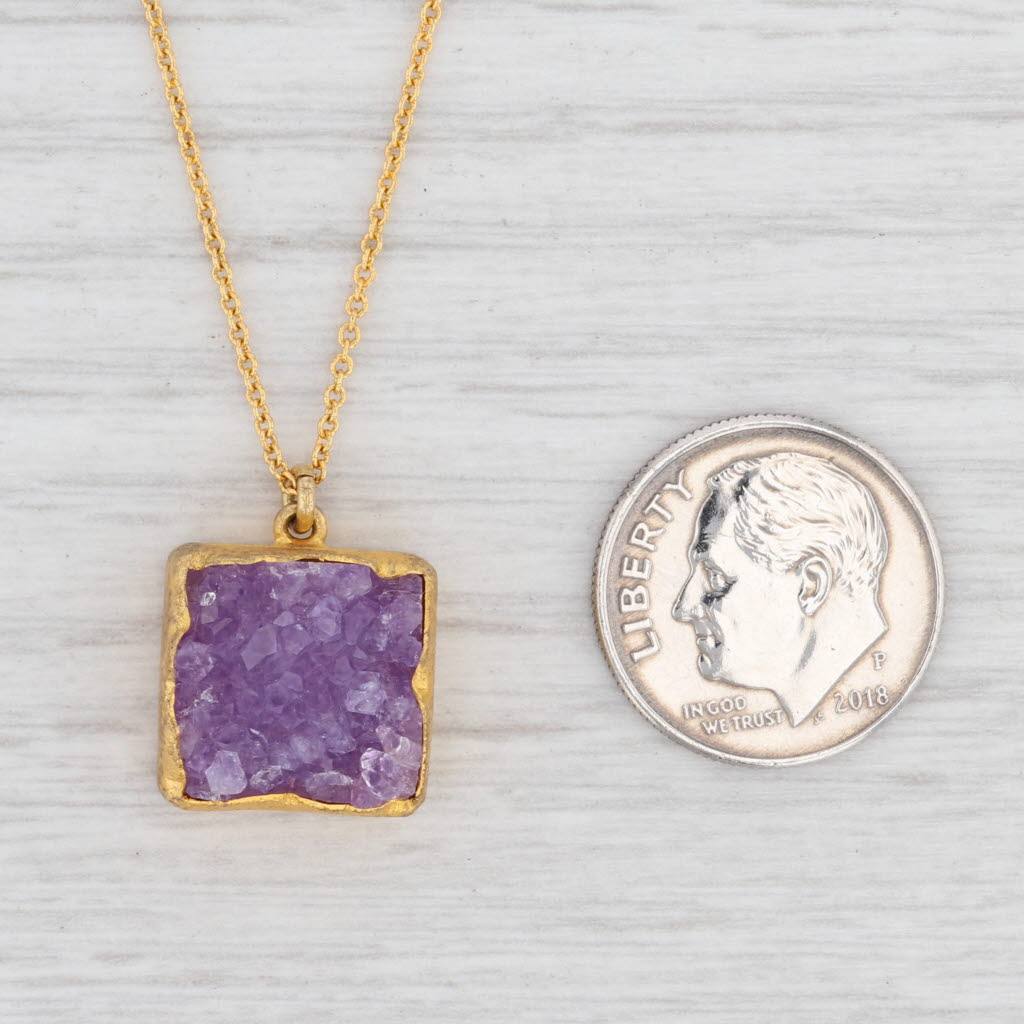 New Nina Wynn Amethyst Druzy Pendant Necklace Sterling Silver 15-17"