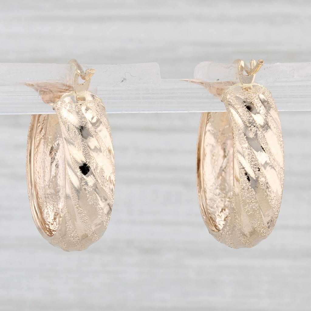 Light Gray Brushed Pattern Hoop Earrings 10k Yellow Gold Snap Top Round Hoops