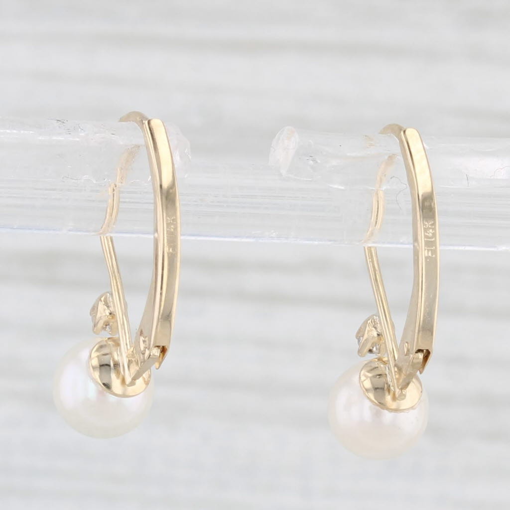 Light Gray Cultured Pearl Drop Earrings 14k Yellow Gold Diamond Accents