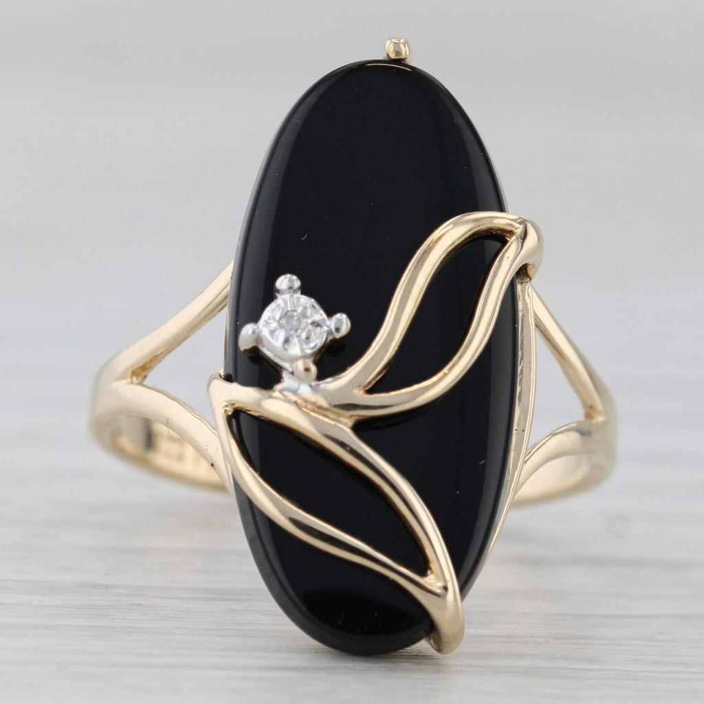 Gray Onyx Diamond Flower Ring 14k Yellow Gold Size 6.25