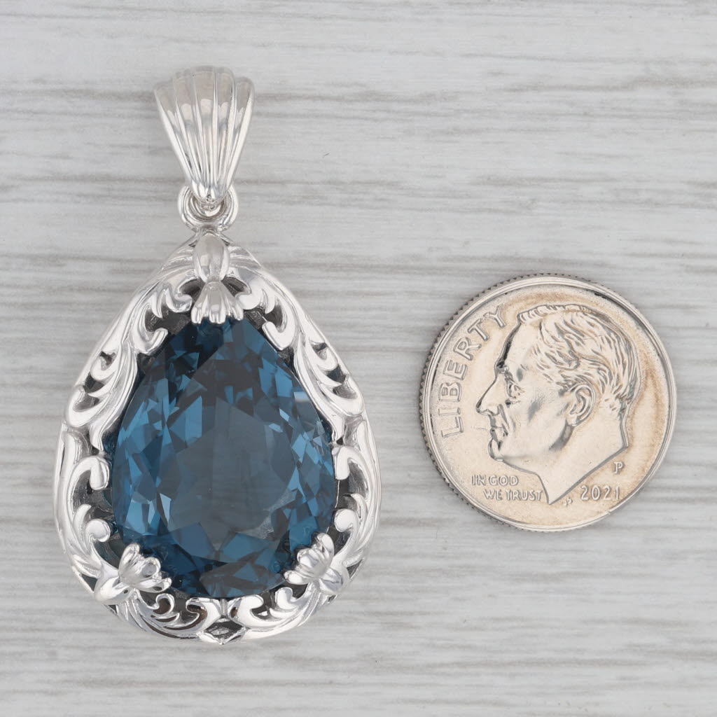 Gray 21.75ct London Blue Topaz Teardrop Pendant Sterling Silver Floral Statement