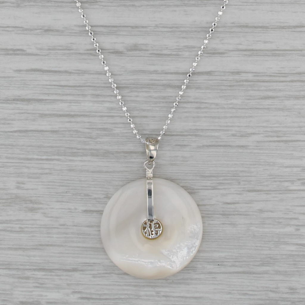 Mother of Pearl Chinese Fu Good Fortune Pendant 16" Necklace Sterling Silver
