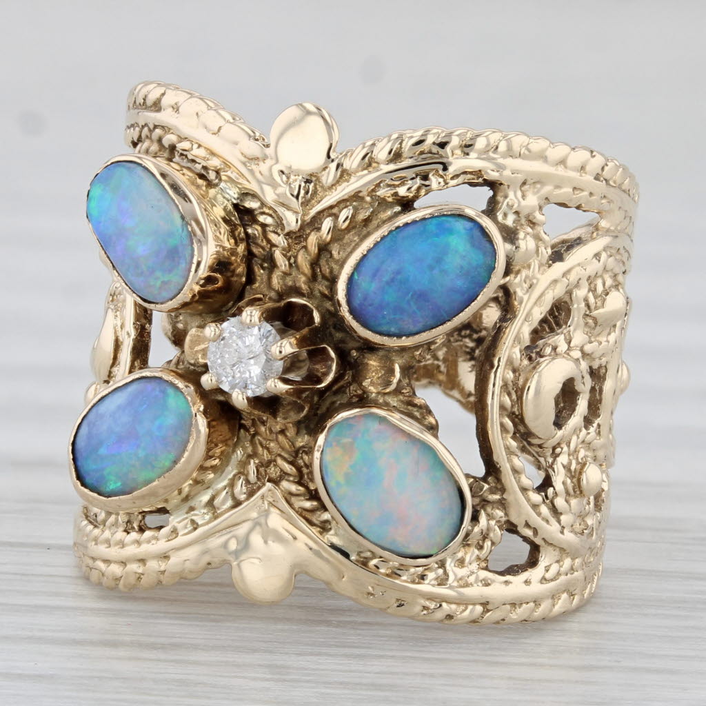 Gray Vintage Ornate Opal Diamond Ring 14k Yellow Gold Butterfly Size 6.75 Cocktail