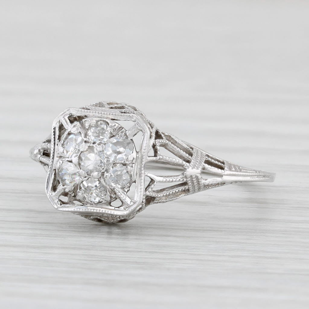 Light Gray Art Deco 0.25ctw Diamond Solitaire Ring 18k White Gold Filigree Sz 6 Engagement