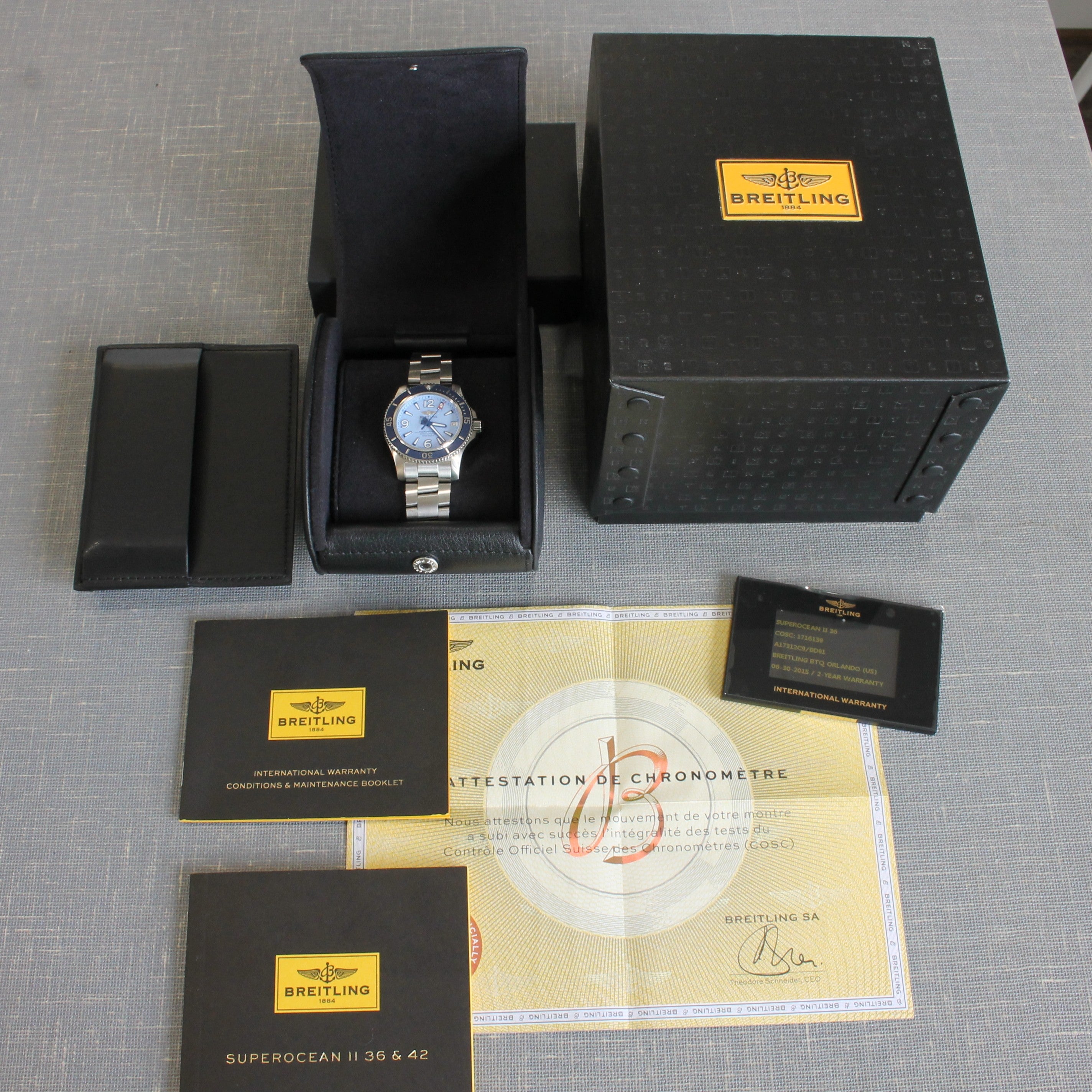 Dark Gray Breitling Superocean 36 mm Steel Automatic Divers Watch Blue w Box Card A17316