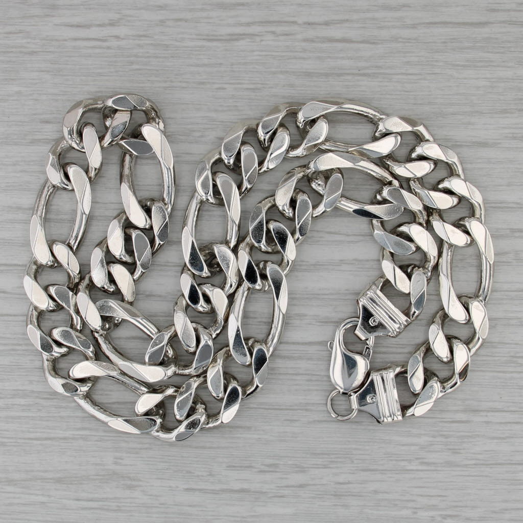 Large Figaro Chain Necklace Sterling Silver Italian 19.75" 13.3mm
