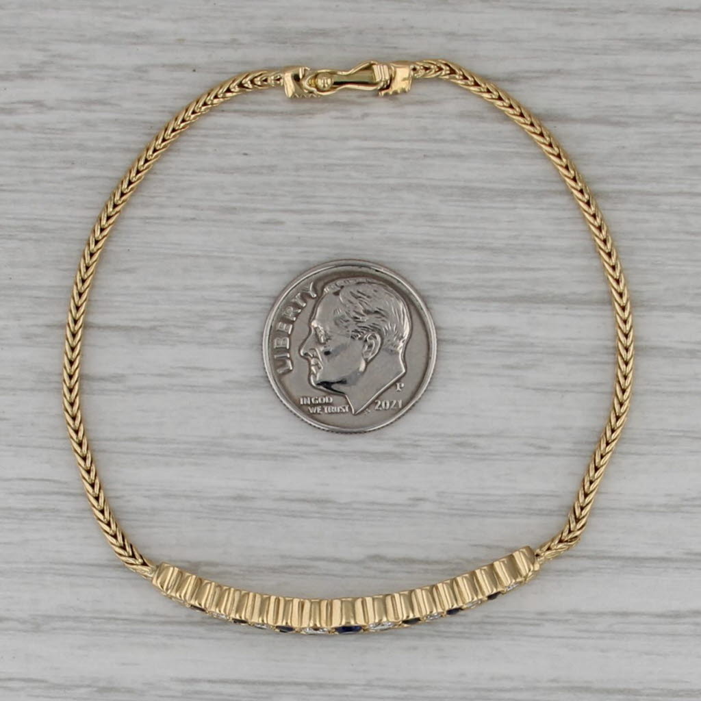 0.96ctw Blue Sapphire Diamond Bracelet 18k Yellow Gold Wheat Chain 6.75"