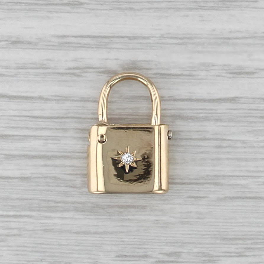Vintage Starburst Padlock Pendant 14k Yellow Gold Charm Diamond Accent