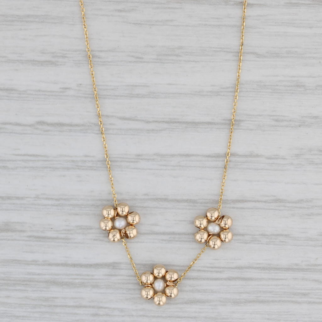 Gray New Cultured Pearl Flower Bead Stations Necklace 14k Yellow Gold 18"