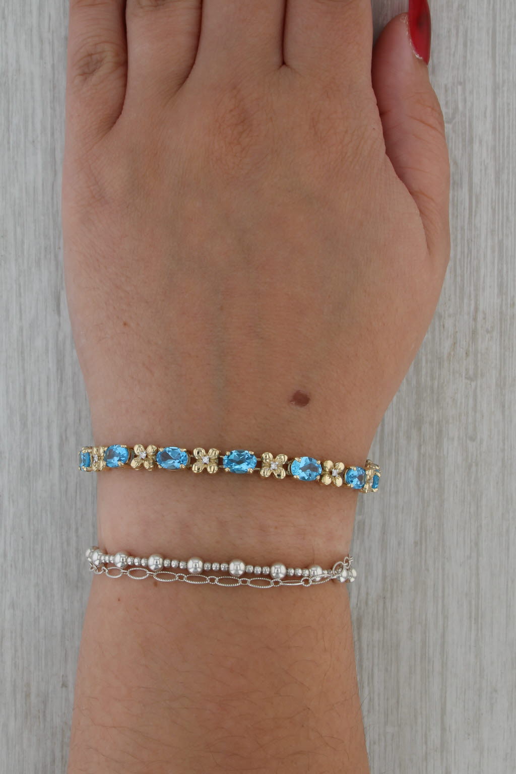 11.82ctw Blue Topaz Diamond Tennis Bracelet 14k Yellow Gold 7.25" 5.7mm Floral