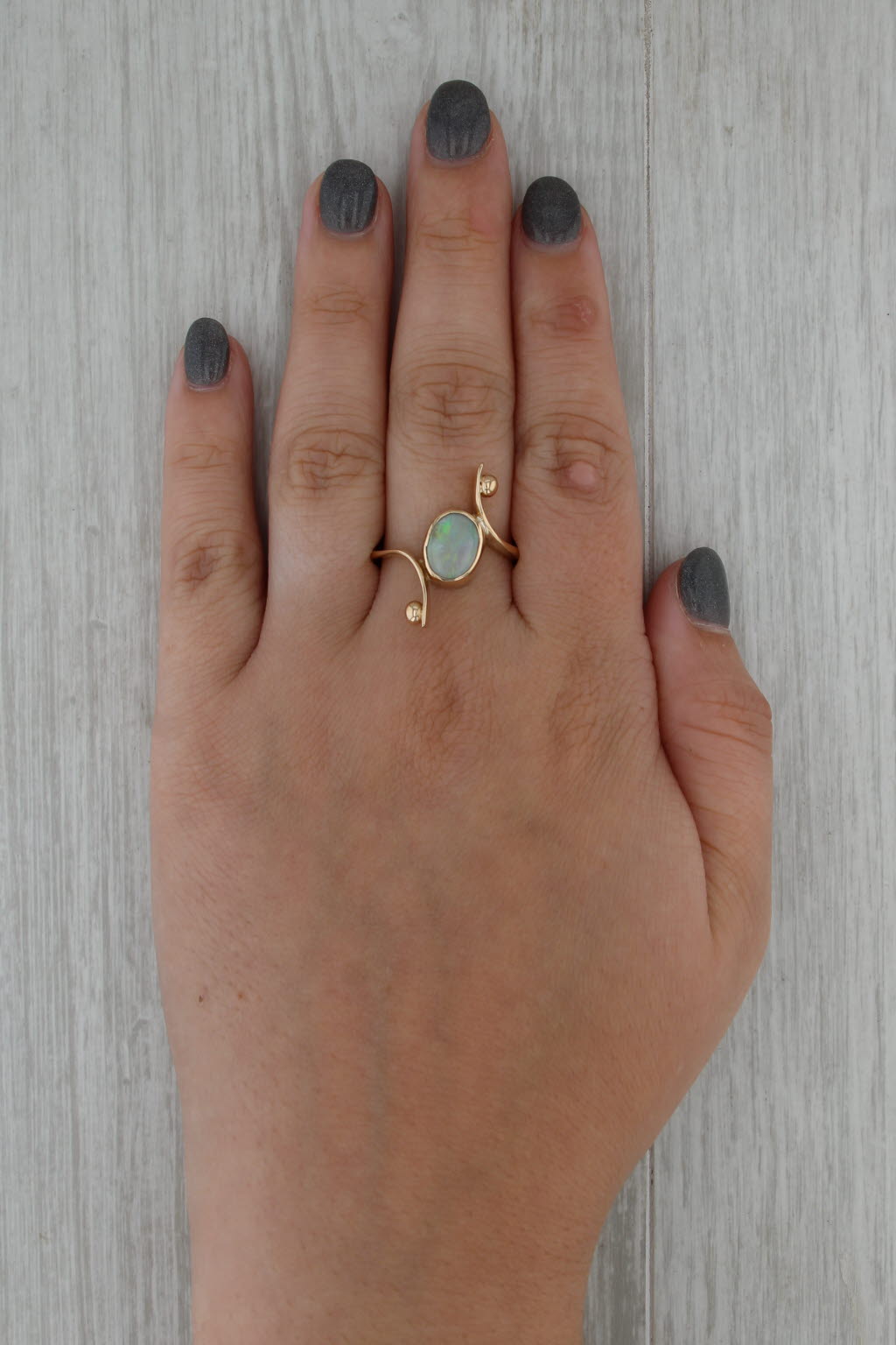 Opal Cabochon Solitaire Bypass Ring 14k Yellow Gold Size 10