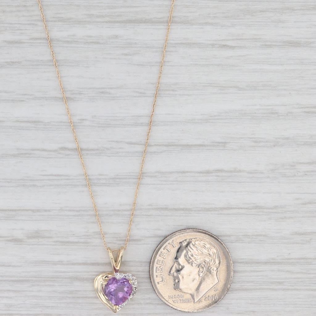0.58ct Amethyst Heart Pendant Necklace 10k Yellow Gold 19" Rope Chain Diamonds