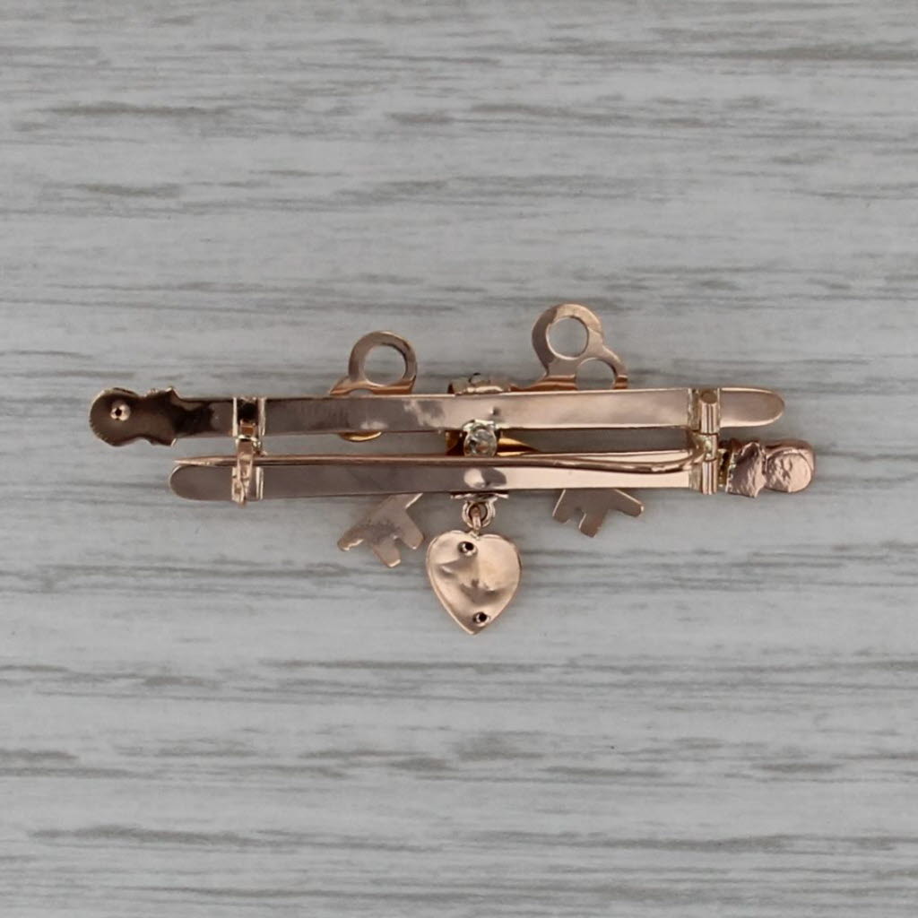 Vintage Seed Pearl Green Glass Brooch 14k Yellow Gold Heart Keys Bar Pin