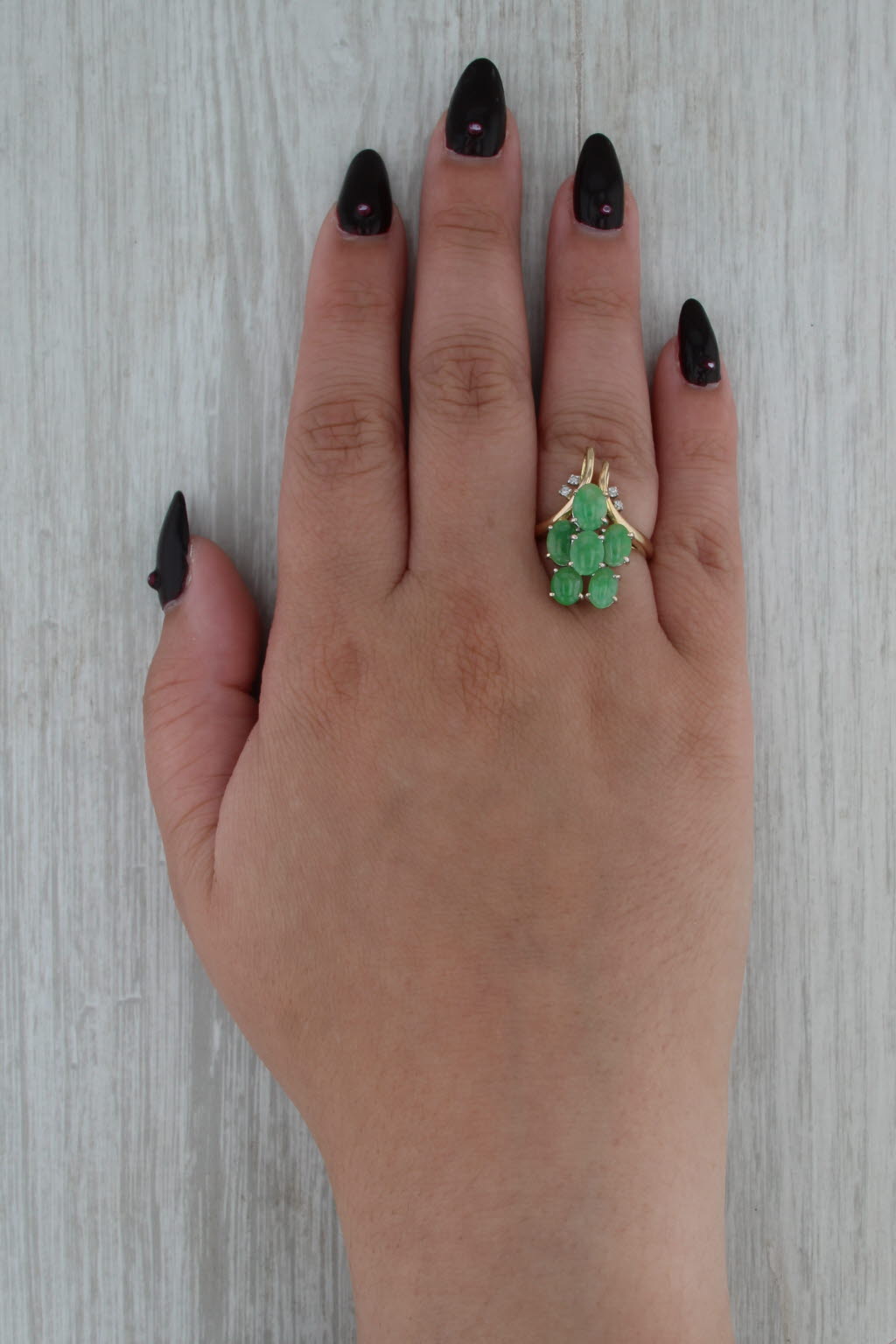 Green Jadeite Jade Diamond Cluster Ring 14k Yellow Gold Size 7.5