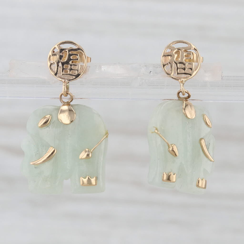 Green Jadeite Jade Elephant Dangle Earrings 10k Yellow Gold Drops