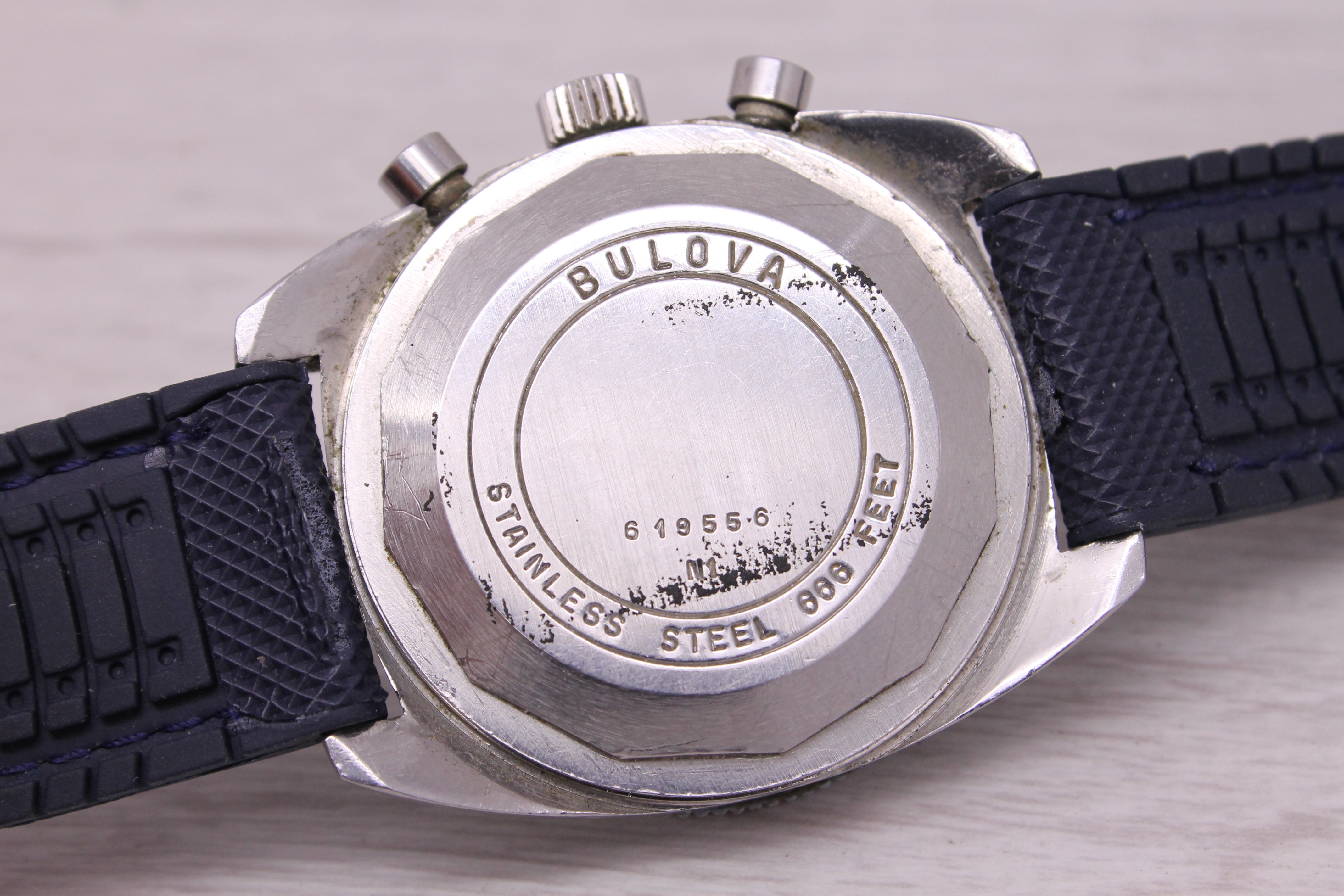 Gray Vintage Bulova Deep Sea Blue Chronograph Mens 38mm Steel Watch Valjoux 7733