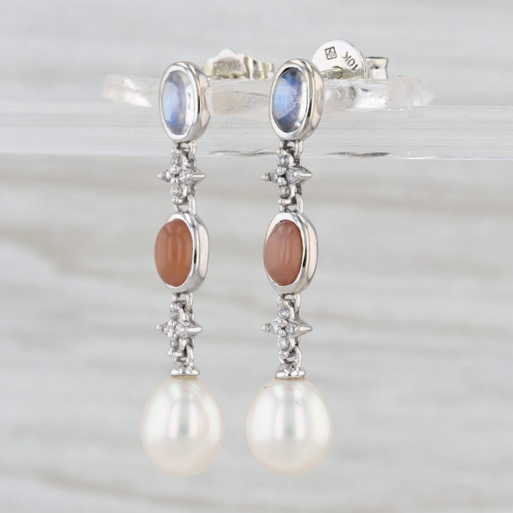 Moonstone Diamond Cultured Pearl Dangle Earrings 14k White Gold Drops