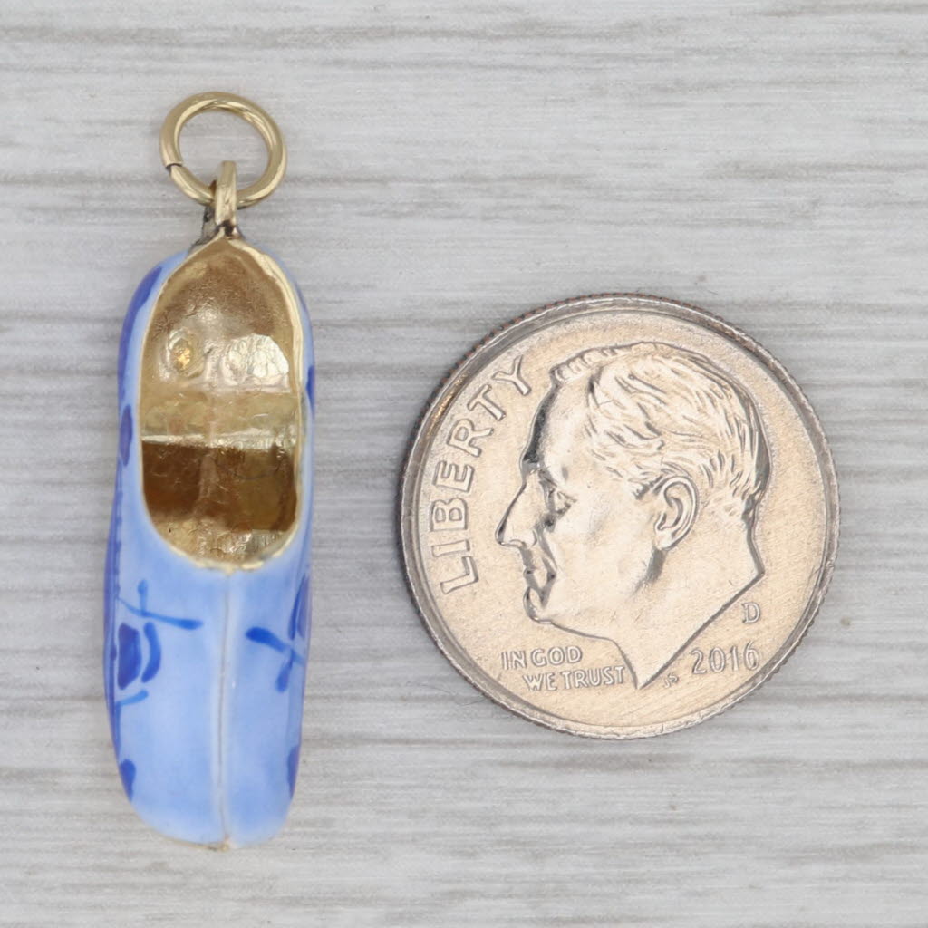 Gray Pastoral Scene Dutch Clog Charm 14k Gold Enamel Pendant International Hallmarks