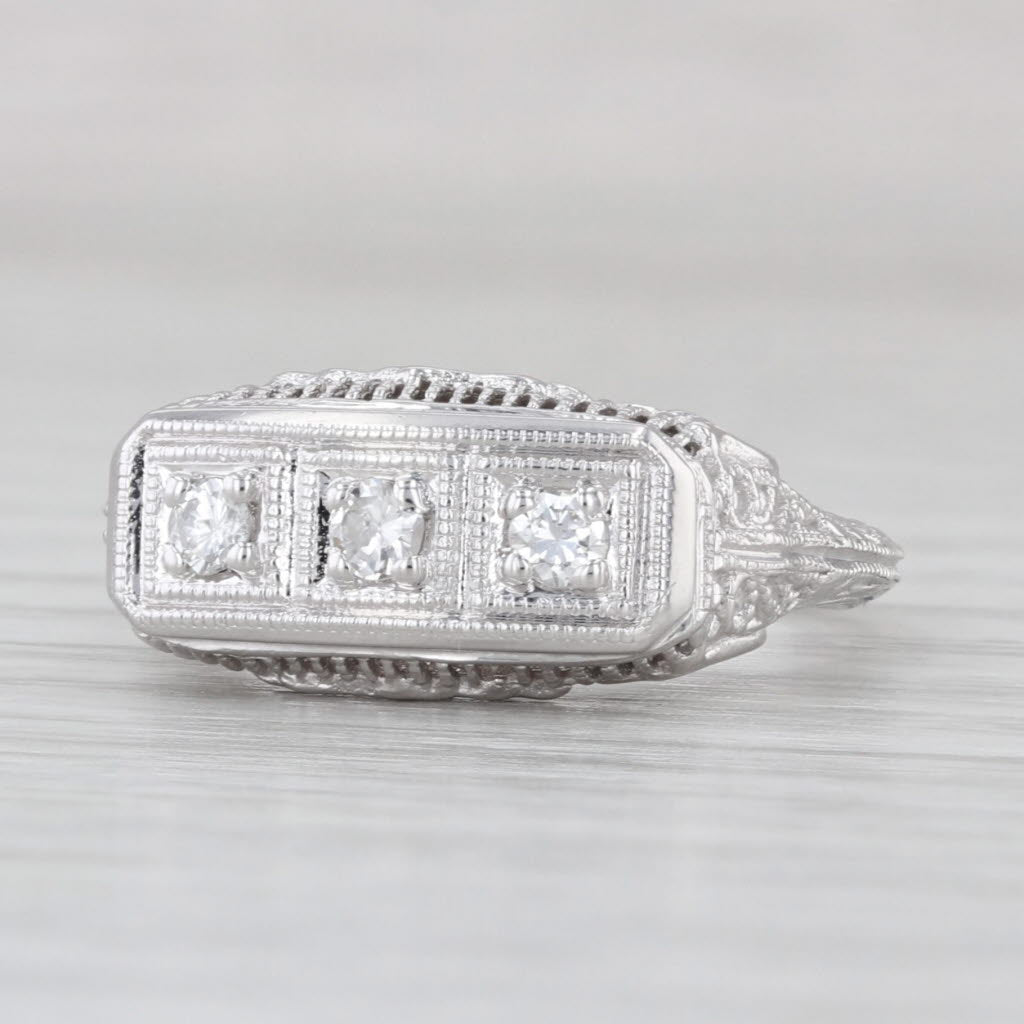 Vintage 0.18ctw Diamond 3-Stone Filigree Ring 14k White Gold Size 6 Floral