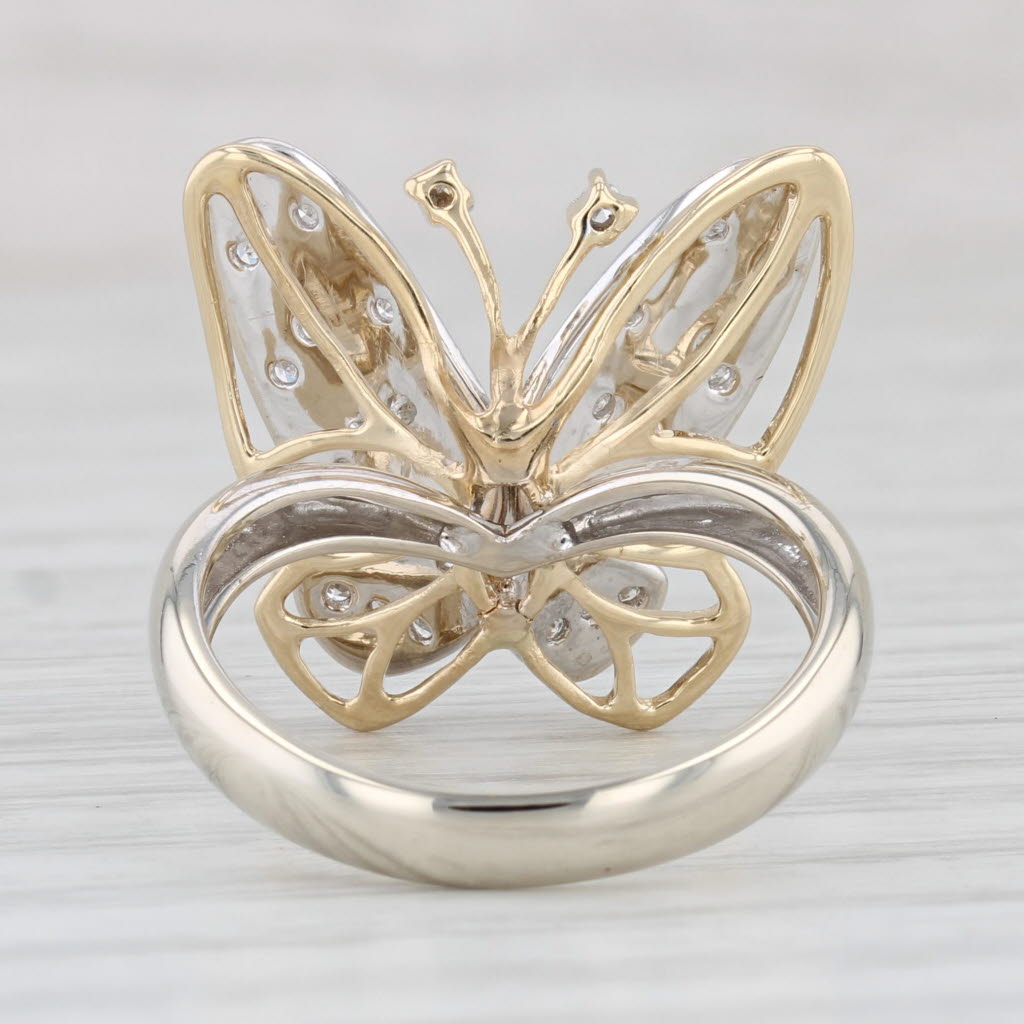 Light Gray Pave Diamond Butterfly Ring 14k Yellow White Gold Size 6 Statement