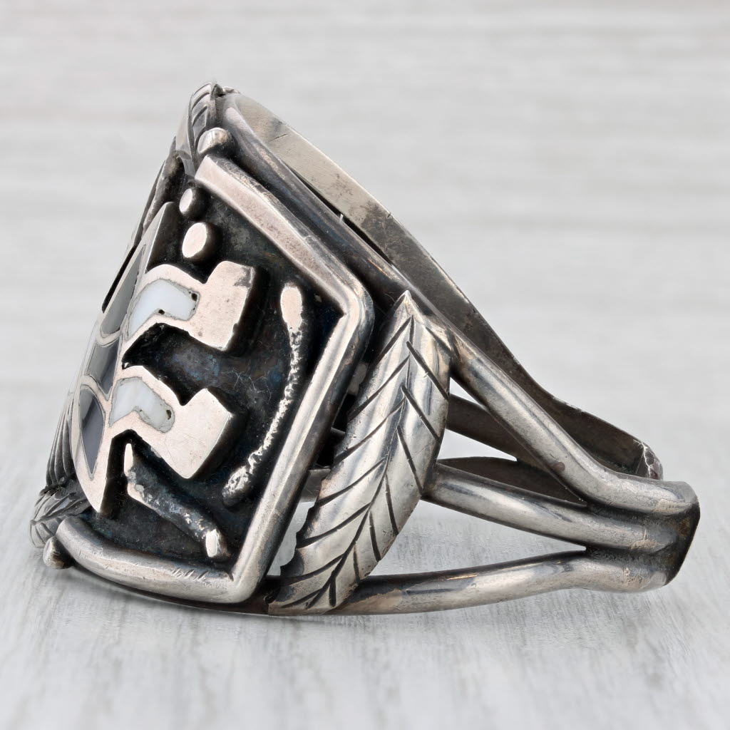 Light Gray Vintage Native American Kee Navajo Tribal Figure Cuff Bracelet Silver Mosaic