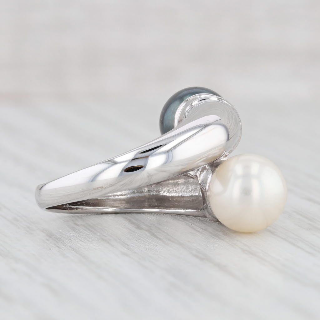 Light Gray Black White Cultured Pearl 0.10ctw Diamond Bypass Ring 14k White Gold Size 6.75