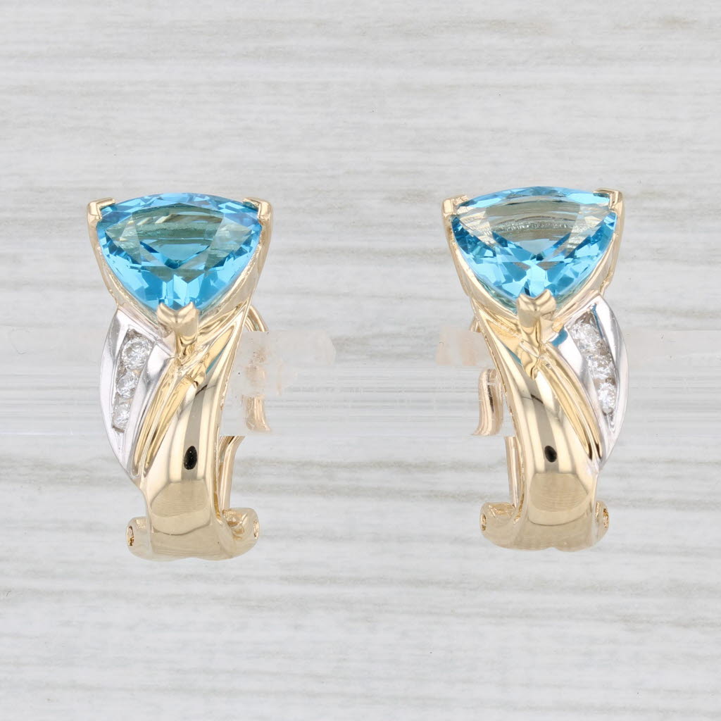 Light Gray 7.10ctw Trillion Blue Topaz Diamond Drop Earrings 14k Yellow Gold