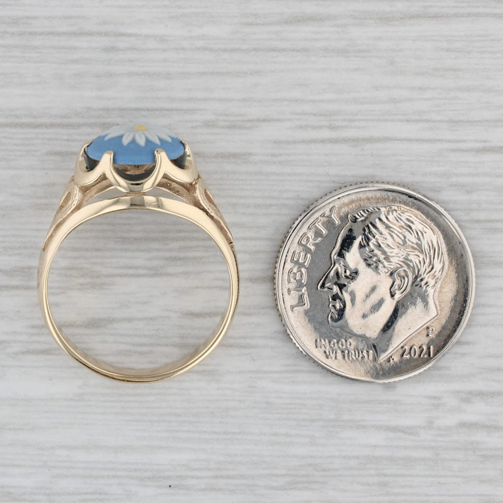 Gray Ceramic Wedgewood Flower Ring 10k Yellow Gold Size 5.25 Heart Accents Vintage