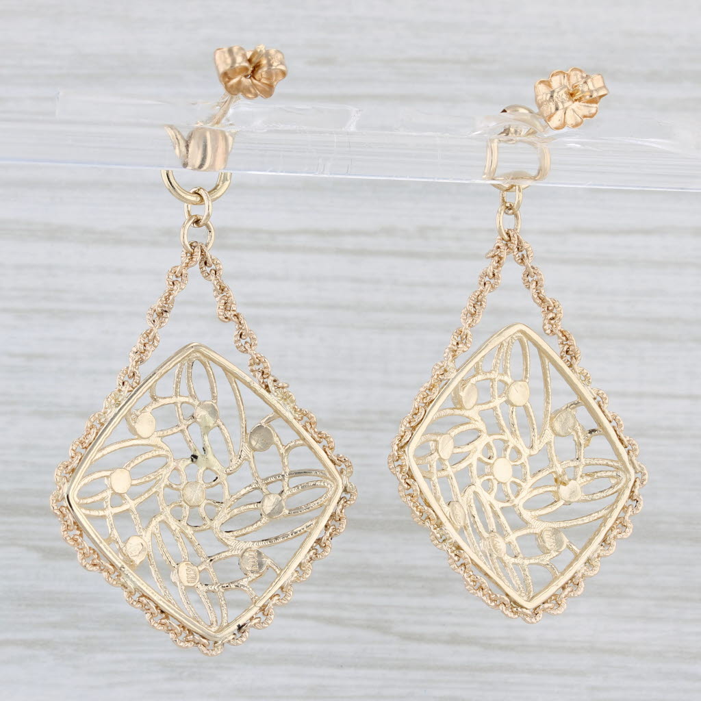 Light Gray Openwork Statement Dangle Earrings 14k Yellow Gold Drops