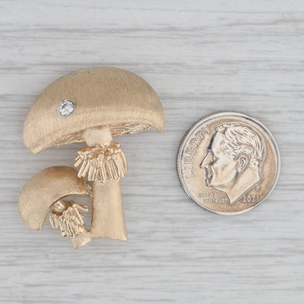 Gray Diamond Accented Big Little Mushroom Brooch Pendant 14k Gold Statement Pin